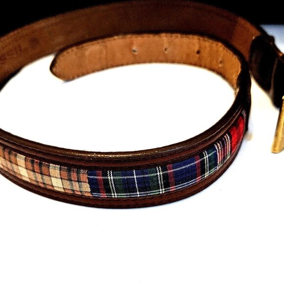 Fossil Preppy Christmas Tartan Plaid Brown Leather Belt Mens Size Small - Picture 3 of 5